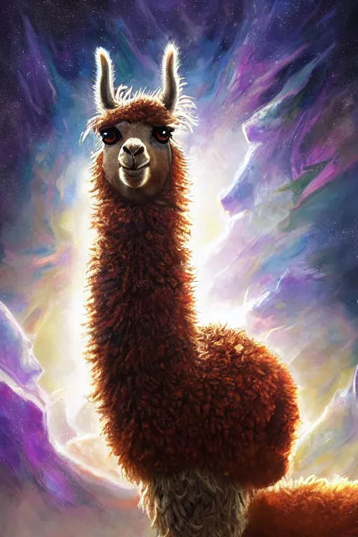 Prompt: beautiful oil painting with high detail of a llama made of stars and plasma, hybrid from dungeons and dragons and art direction by James Cameron ;by artgerm; wayne reynolds art station; cinematic quality character render; low angle; ultra high quality model; production quality cinema model, daily deviation, masterpiece anthro art, llama