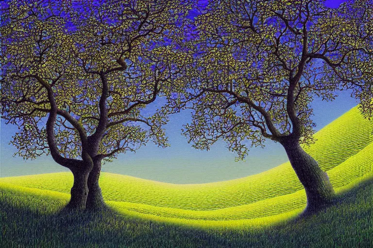 Prompt: masterpiece painting of oak trees on a hillside overlooking a creek, dramatic lighting, by annie ovenden