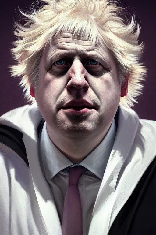 Image similar to Boris Johnson as Rick Sanchez, one eyebrow, white robe, big eyes, 2d portrait, symmetrical, highly detailed, digital painting, artstation, concept art, smooth, sharp focus, illustration, cinematic lighting, art by artgerm and greg rutkowski and alphonse mucha