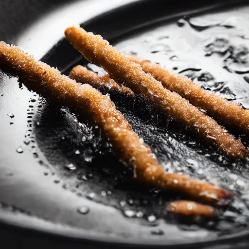 Image similar to Soaking wet soggy fish stick drenched with a stream water from a faucet on a moist wet plate. Very wet delicious crusty fish sticks. Macro lens close up 4K food commercial shot