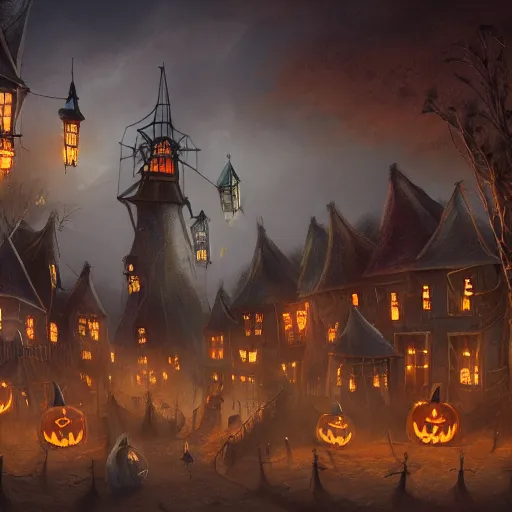 Prompt: A bustling magical town with witches flying on their broom inspired by Victorian England and Amsterdam and Halloween Town from The Nightmare Before Christmas, concept art, matte painting, trending on art station, ultra high quality, masterpiece