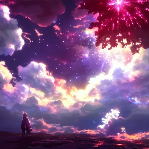 Image similar to stunning, glitchy, 4 k, landscape, galaxy, flowers, volumetric lighting, ufotable art style, art by hajime sorayama, epic sky, god rays, by akihiko yoshida, photorealistic dramatic liquid anime girl