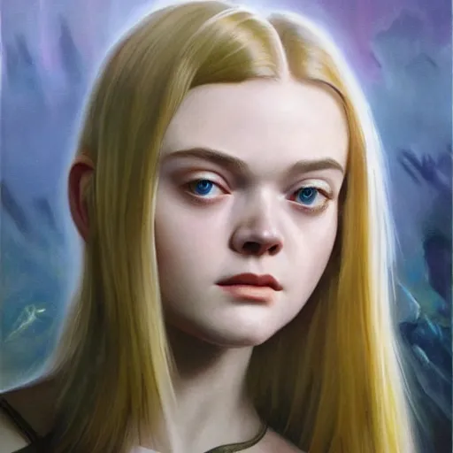 Image similar to ultra realistic portrait painting of elle fanning in halo 2, art by frank frazetta, 4 k, ultra realistic, highly detailed, epic lighting