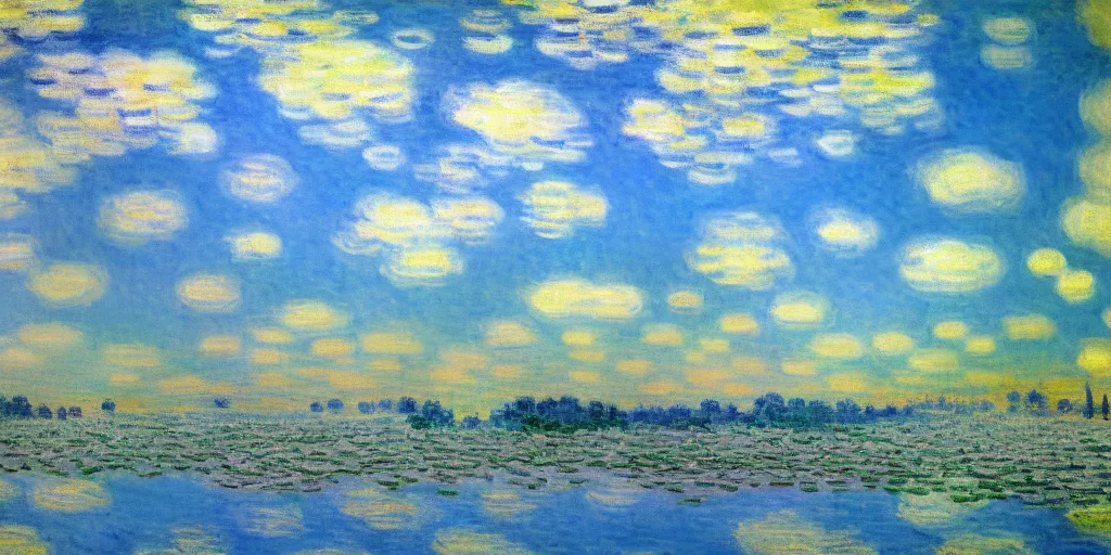 Image similar to blue sky, illustration, blueish, whiteish, dreamy, impressionism, claude monet style