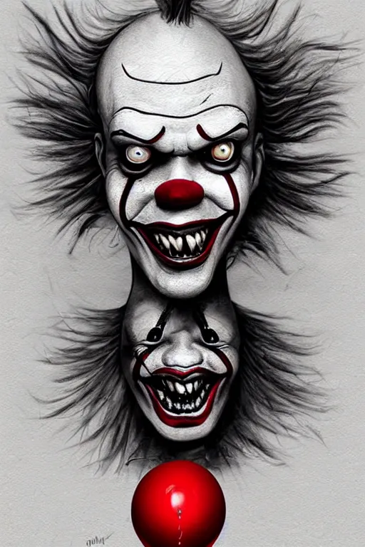 Image similar to surrealism grunge cartoon portrait sketch of Pennywise with a wide smile and a red balloon by - michael karcz, loony toons style, freddy krueger style, horror theme, detailed, elegant, intricate