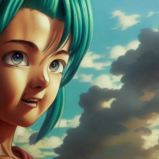 Prompt: highly detailed vfx portrait of bulma by eiichiro oda!, stephen bliss, greg rutkowski, loish, rhads, beeple, makoto shinkai, tom bagshaw, alphonse mucha, sharp focus, art by artgerm and greg rutkowski, stanley kubrick, backlit, harsh overhead sunlight,