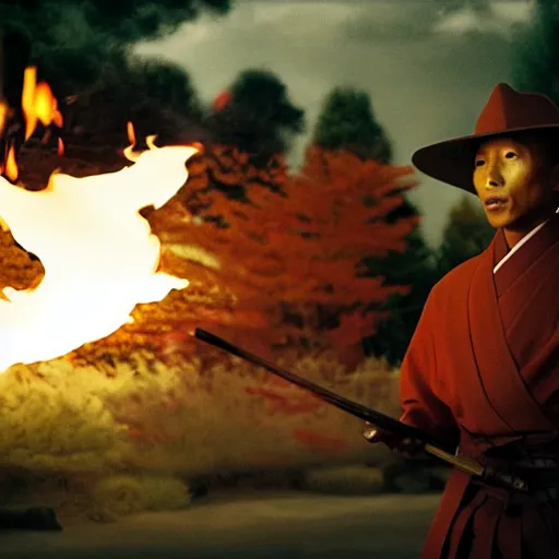 Image similar to cinematic film still Pharrell Williams starring as a Samurai holding fire, Japanese CGI, VFX, 2003, 40mm lens, shallow depth of field,film photography