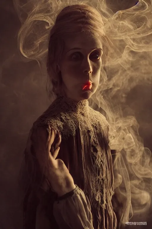 Image similar to 3 5 mm colour, italian looking emma, evil princess, victorian house, long brown hair, hyperrealism, octane render, weird, odd, strange, creepy, freakshow, extremely detailed, intricate smoke magic, lace, silk, style of david cronenberg, hyung tae, frank frazetta