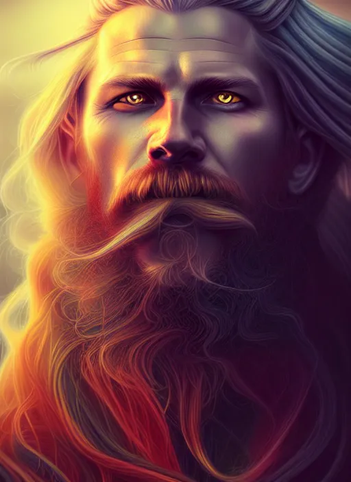 Image similar to overlord, psychedelic flowing hair, viking, portrait, highly detailed, deep focus, elegant, digital painting, smooth, sharp focus, illustration, ultra realistic, 8 k, art by wlop