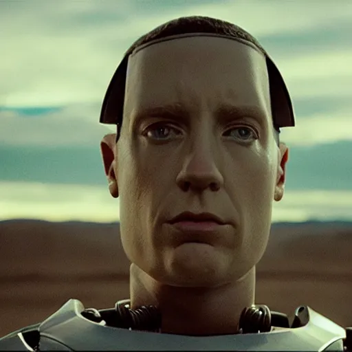 Image similar to movie still of eminem robot, cinematic composition, cinematic light, criterion collection, by edgar wright