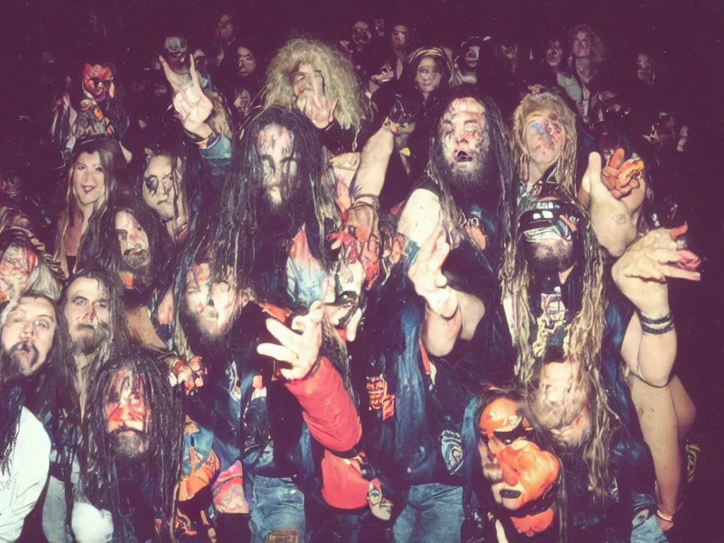 Image similar to 80s polaroid colour flash photograph of Rob Zombie concert
