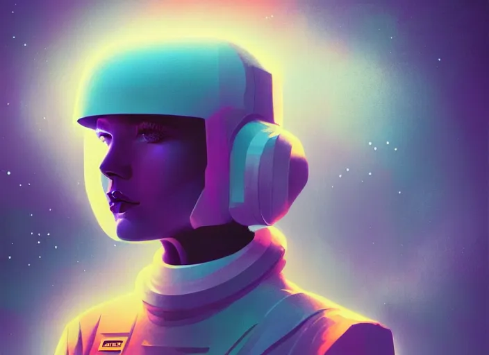 Image similar to portrait of a young astronaut girl, colorful, modern art deco, mads berg, karolis strautniekas, christopher balaskas, stippled light, fog, moody, fine texture, editorial illustration, dramatic lighting, dynamic composition, detailed, matte print, dynamic perspective, muted color