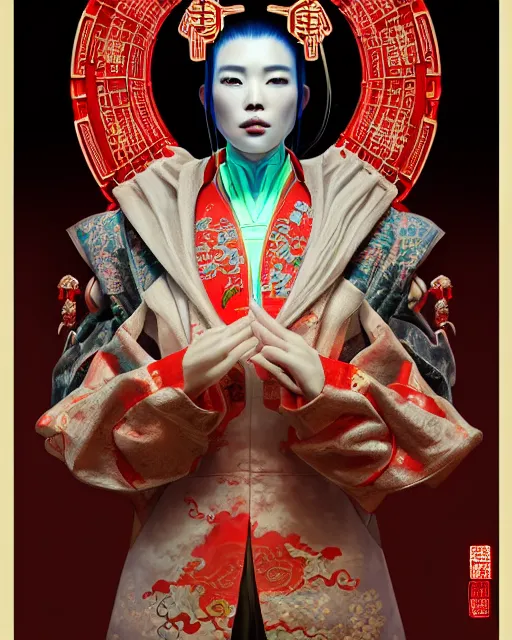 Image similar to portrait of a chinese cyberpunk machine, machine face, robed, upper half portrait, decorated with chinese opera motifs regal asian machine robot cyberpunk fine china, wuxia, traditional chinese art intricate intense elegant highly detailed digital painting artstation concept art smooth sharp focus illustration, art by artgerm and greg rutkowski alphonse mucha 8 k