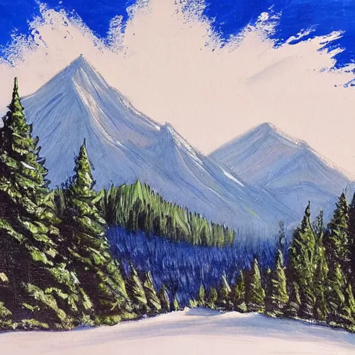 Prompt: Bob-Ross-Style-Landscape-Painting of a huge mountain and pine trees