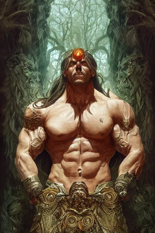 Image similar to portrait of auronplay as a hulking herculean demon, forest, godlike, full body, fantasy, intricate, elegant, highly detailed, digital painting, artstation, concept art, sharp focus, illustration, art by artgerm and greg rutkowski and alphonse mucha