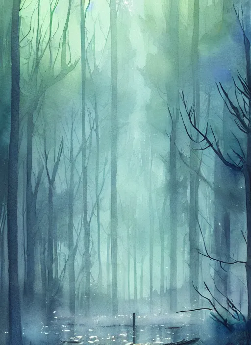 Prompt: pipe organ forest with fairy lights, light ground fog, river, detailed fantasy watercolor comic style, subtle colors, by tony sart