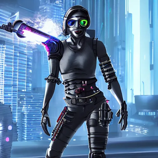 Prompt: photo of a female cyberpunk warrior with jetpack and flamethrower