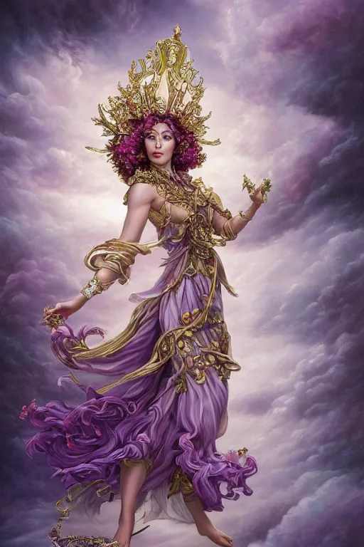 Prompt: full body pose fine art photo of the cher goddess, she has a crown of stunning flowers and frilly dress of purple satin and gemstones, background full of stormy clouds, by peter mohrbacher