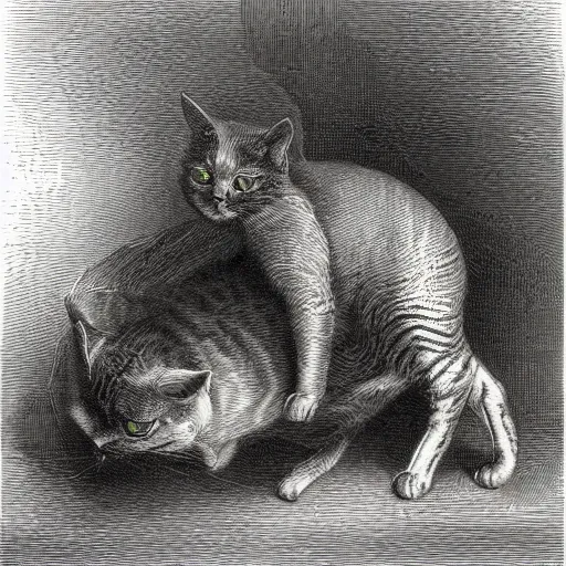 Prompt: engraving of a cat in a quantum superposition of alive and dead, by Gustave Doré