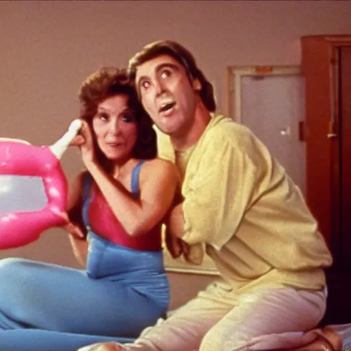 Image similar to still from a 1983 independent film about a desperate housewife wearing an inflatable toy as she meets a handsome younger man in a seedy motel room