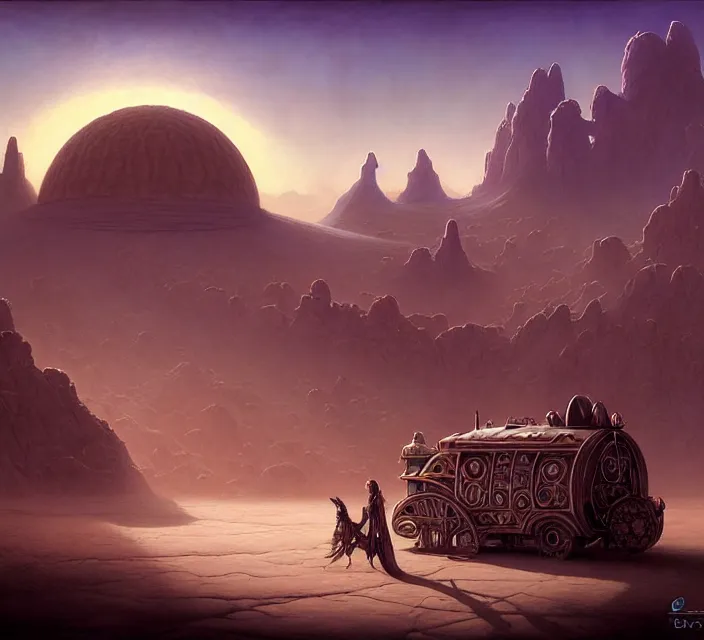 Prompt: subsurface scattering, a desert caravan rests at the blue oasis, the art of athas and dark sun, brom's dark sun art on a 7 0's style fantasy novel cover, digital painting by brom, amazingly detailed d & d art, concept art, intricate details, beautiful, volumetric lighting, ultrarealistic, cgsociety, square enix cinematic art