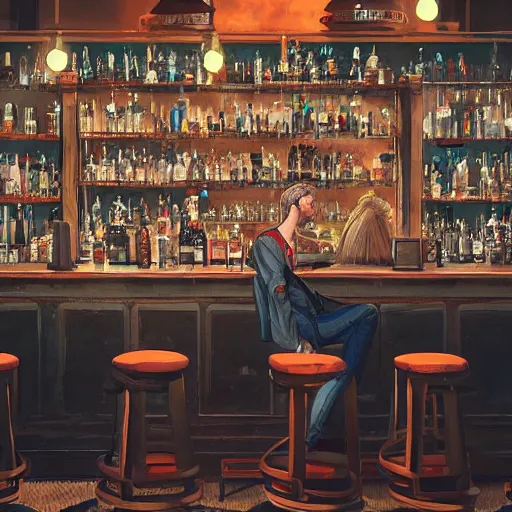 Image similar to people sitting in the bar, beautiful, tending on artstation, dynamic lighting, photorealistic, artwork by rafael