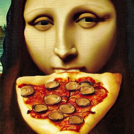 Prompt: | mouth, open wide | woman eating pizza | played by ( ( ( ( mona lisa ) ) ) )