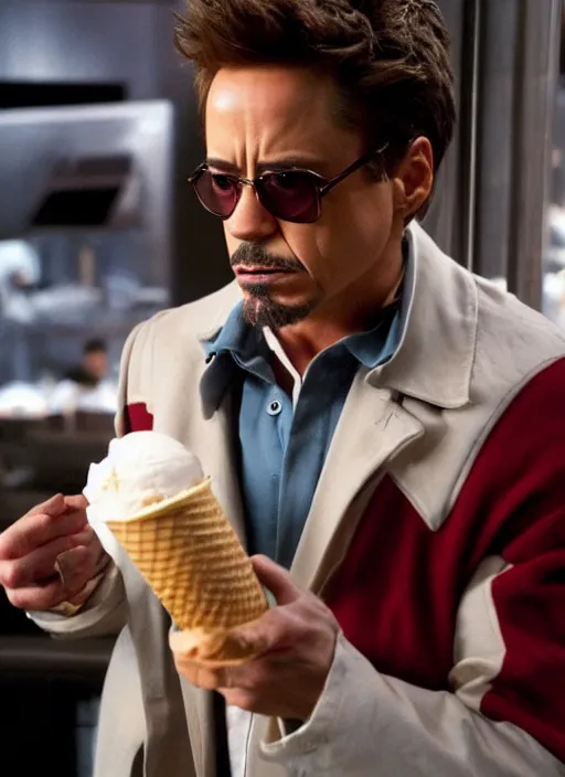 Image similar to a full portrait photo of robert downey jr eating ice cream in movie iron man, f / 2 2, 3 5 mm, 2 7 0 0 k, lighting, perfect faces, award winning photography.