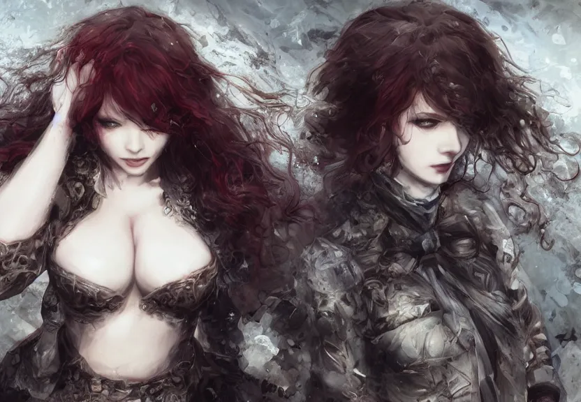 Image similar to christina hendricks!!!!! goth!!!!!, tankoban, 4 k, tone mapping, akihiko yoshida, james jean andrei riabovitchev marc simonetti, yoshitaka amano, long hair, curly, h. hydrochaeri