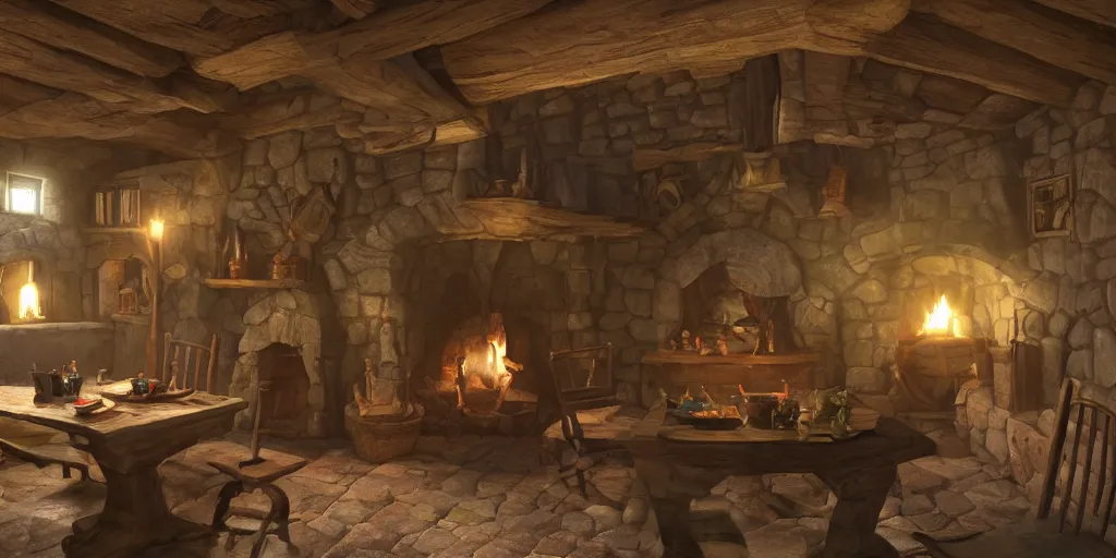 Image similar to medieval cottage interior, pixar animation