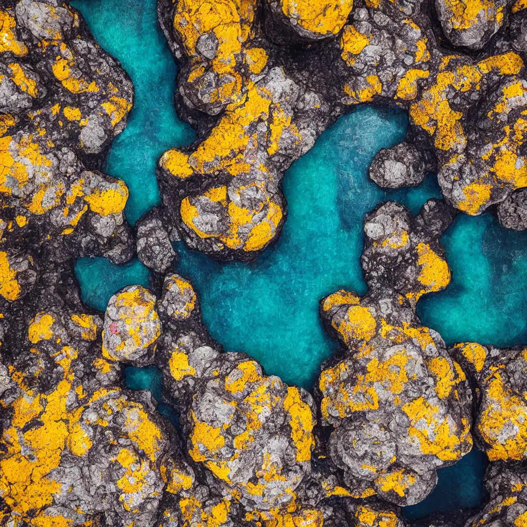 Image similar to golden boulders, black volcanic rock with colorful pools of bright milky paint, birds eye view