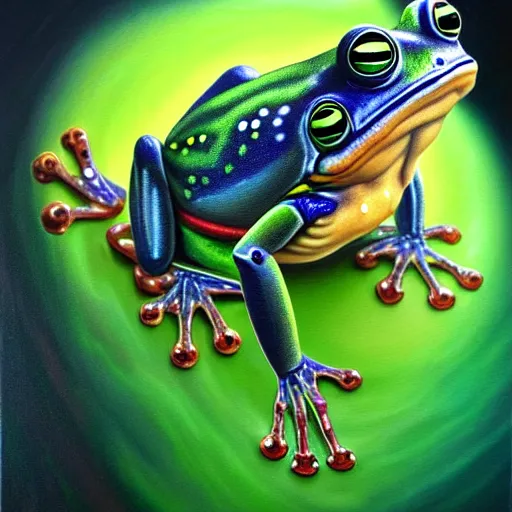 Prompt: the cyborg frog in the astral realm sacred journey in oil painting, trending on artstation, award winning, emotional, highly detailed surrealist art