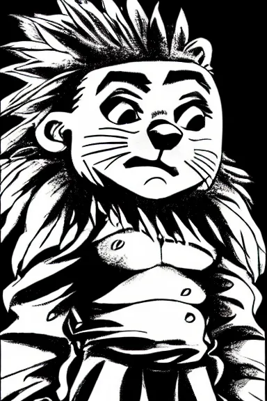 Image similar to attractive salvage little boy in lion suit, black and white artwork made by kentaro miura and yoshihiro togashi