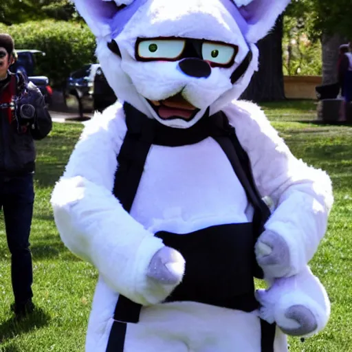 Image similar to Ben Shapiro wearing a fursuit at a furry convention
