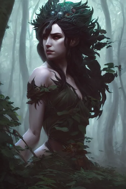 Prompt: goddess of the dark forest, highly detailed, digital painting, artstation, concept art, smooth, sharp focus, illustration, unreal engine 5, 8 k, art by artgerm and greg rutkowski and edgar maxence