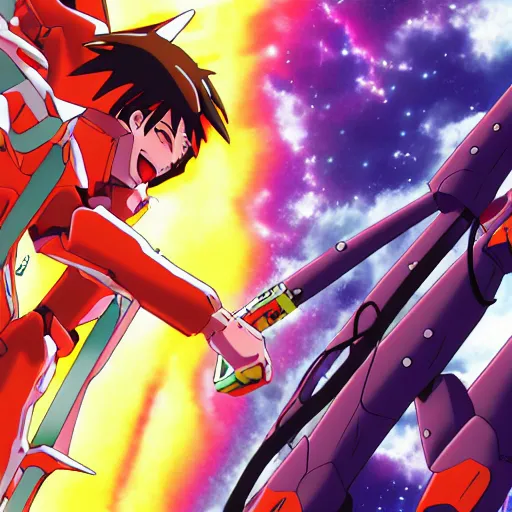 Image similar to anime evangelion, epic space battle with angels and eva-01, high quality, wallpaper