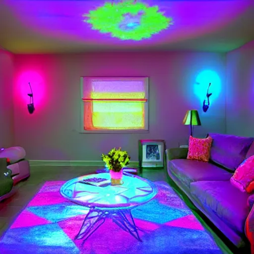 Prompt: a blacklight living room