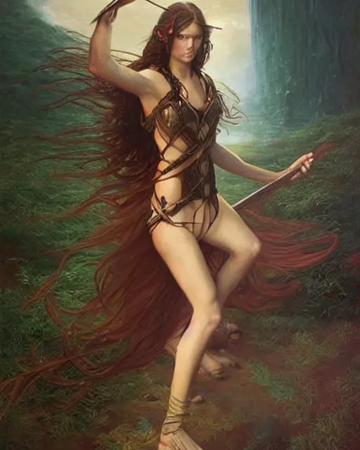 Image similar to beautiful female warrior, half body portrait, long flowing hair, standing in a fantasy environment, realistic oil painting by Thomas Cole and Wayne Barlowe