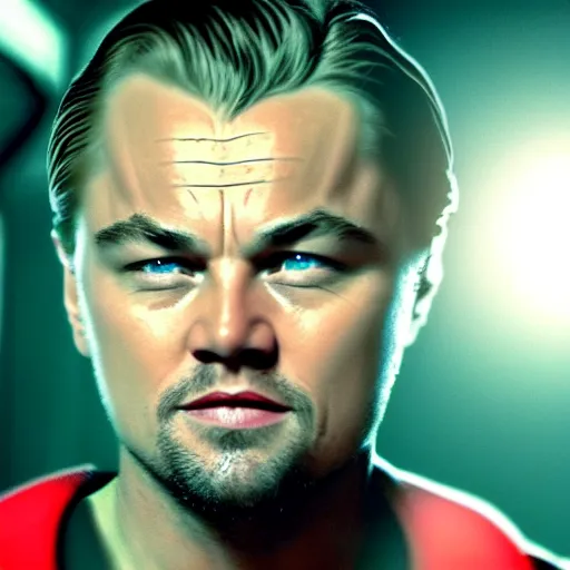 Image similar to still of leonardo dicaprio half cyborg, film grain, red glowing eyes, red lens flare