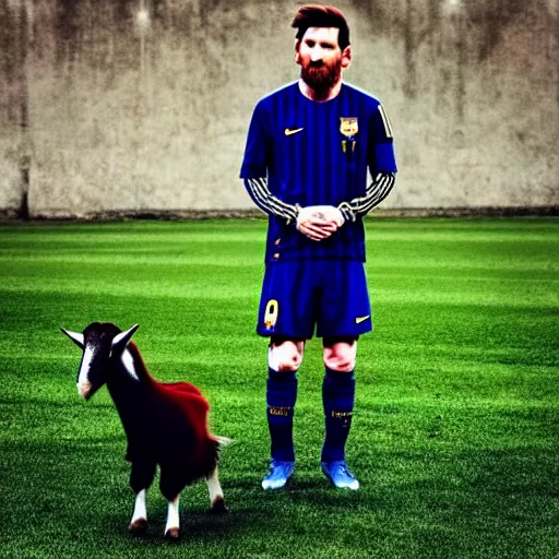 Image similar to lionel messi standing beside a majestic goat, intricate, elegant, highly detailed