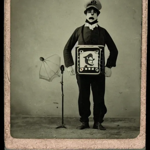 Image similar to a daguerrotype photo of super mario brothers cosplayer, very early film stock, 1 8 0 0 s, vintage