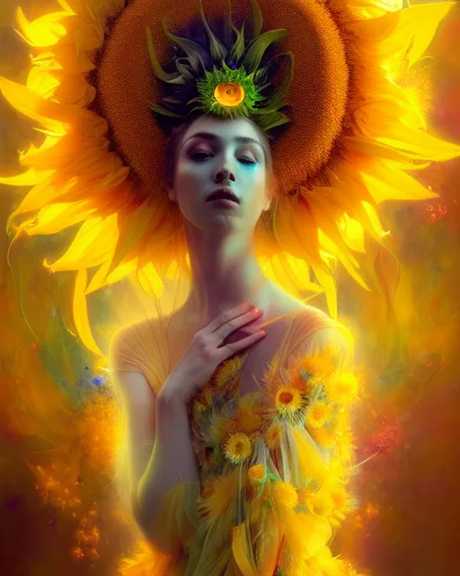 Image similar to Full View Portrait Mystical ethereal sunflower deity wearing beautiful dress, sunflower Dryad, 4k digital masterpiece by Anna dittman and Ruan Jia and Alberto Seveso, fantasycore, Hyperdetailed, realistic oil on linen, soft lighting, sunflower background, featured on Artstation