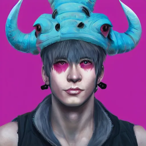 Prompt: a young man with hot pink skin, horns, a rat on his shoulder, tinfoil hat, full plate, short dark hair, exasperated, character art, full body art, dungeons and dragons, d & d, trending on artstation, artgerm, 4 k ultra hd, sharp focus, digital art by ilya kuvshinov and ross tran