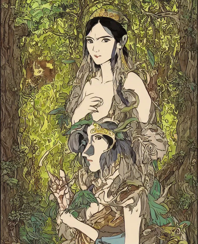 Image similar to portrait of Princess Mononoke wearing her mask, lush forest landscape, style of Art Nouveau, gems and gold, waterfalls, denoised, sharp,