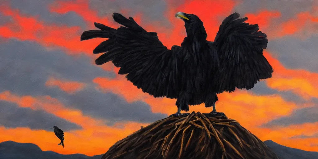 Prompt: oil painting of a black raven atop human skull, raven, skull, piles of bones, red sky, centered, long shot