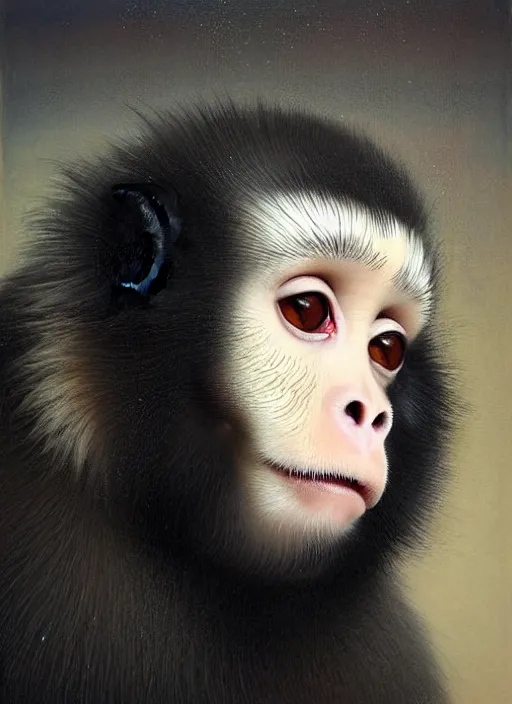 Image similar to an unnerving portrait of a marmoset monkey with pitch black eyes and short blond hair, art tom bagshaw