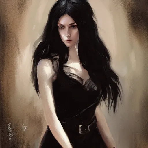 Image similar to portrait painting of female forest elf black hair, black dress, dramatic light, 8 k, by greg rutkowski