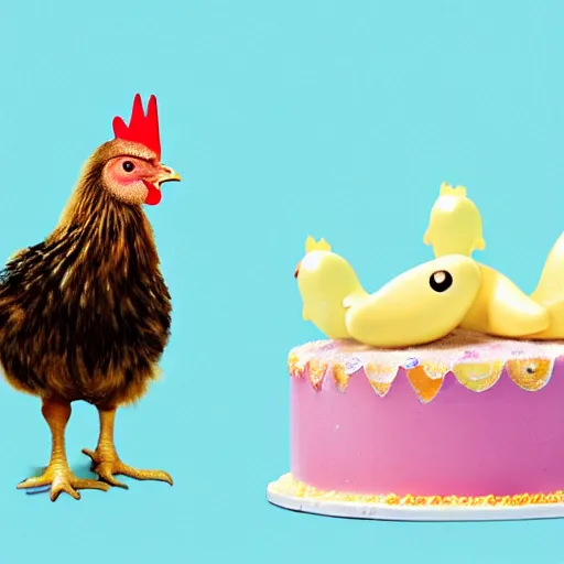 Image similar to a light downed baby chick is standing beside a rooster and a tiny birthday cake