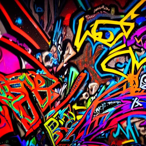 Prompt: a photograph of gritty psychedelic graffiti sprayed on a black background, concept art, 4 k, unreal render, octane, trending on artstation