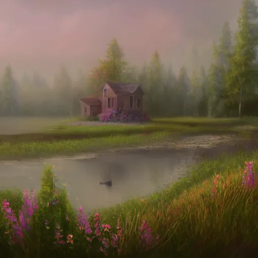 Prompt: a matte painting of a prairie, cottage close up, river, foggy, patchy flowers, oil painting, pale colors, high detail, 8 k, wide angle, trending on artstation,